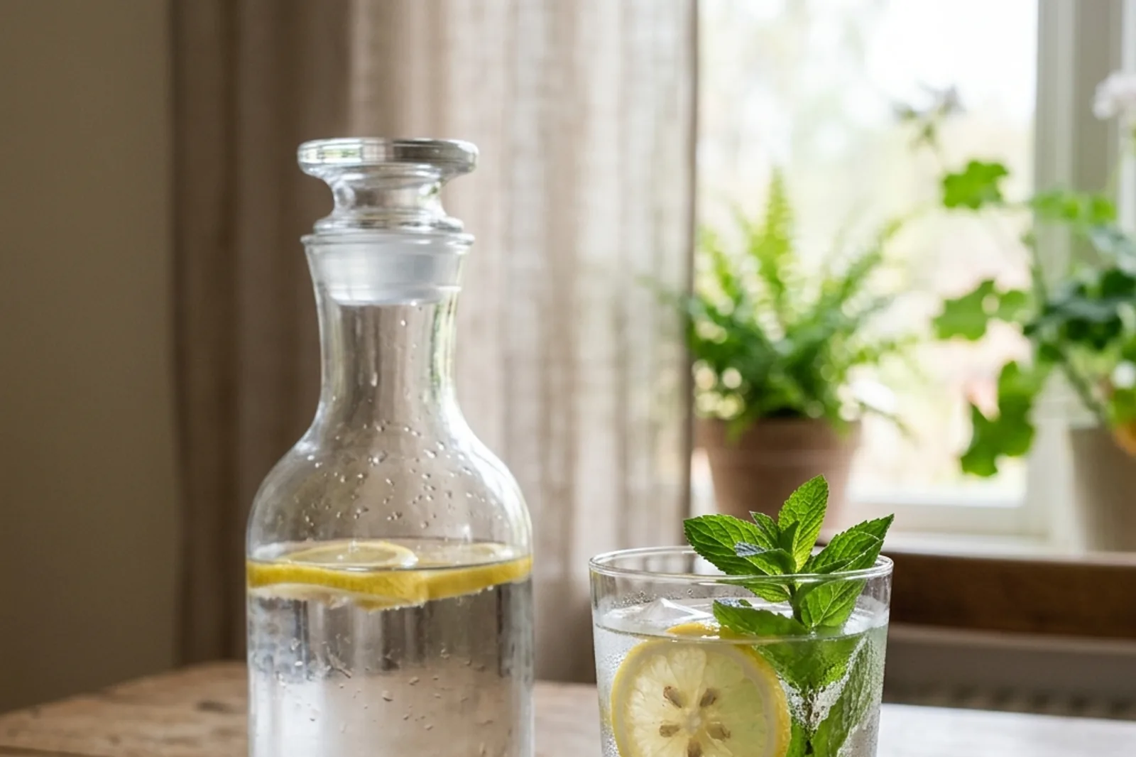 A glass carafe and a filled glass of water with lemon and mint on a wooden table in morning light.